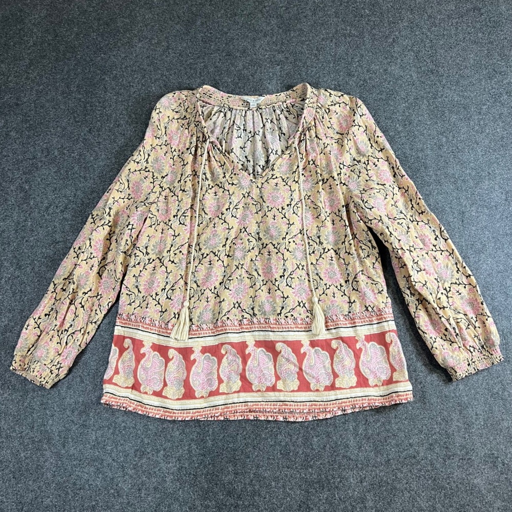 Lucky Brand Womens Small Floral Paisley Peasant Blouse Pink Yellow Tassel Top